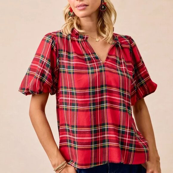 BiBi Christmas Plaid Short Sleeves Ruffled Blouse - Picture 8 of 11